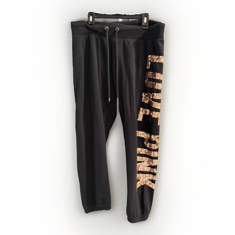 Victoria's Secret Love Pink Bling Jogger Pant Sequin Logo Black Sz Sm